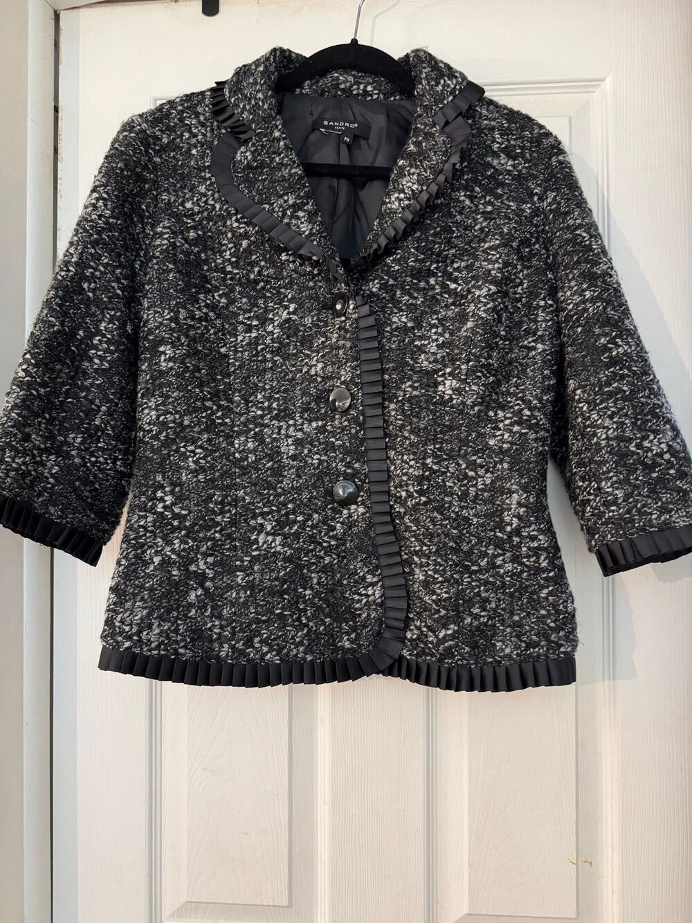 Sandro Petite Bouclé Tweed Jacket| Black & White Pleated Ribbon Trim size Medium